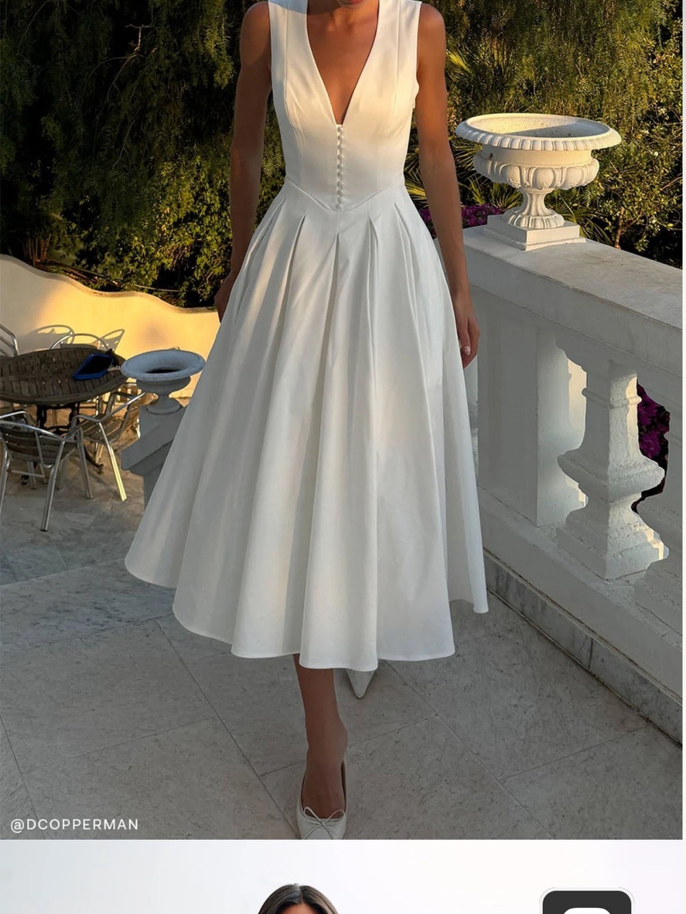 Meshki White V-Neck Midi Dress with Button Bodice